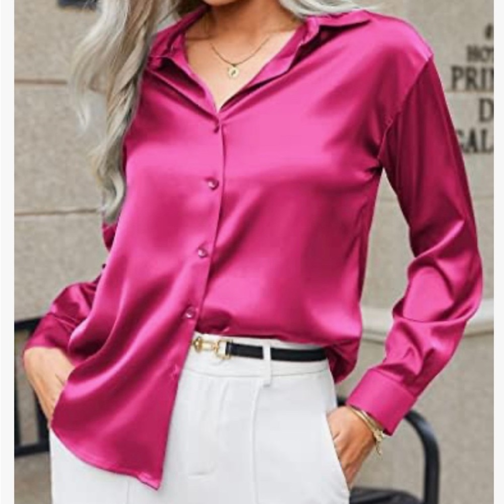 Elegant Fuchsia Satin Button-Down Shirt